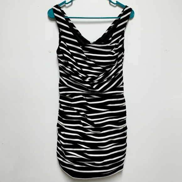 EXPRESS Black & White Striped Ruched Mini Dress - Picture 2 of 8